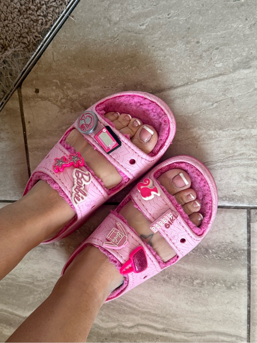 Barbie Pink Fuzzy Slide Sandals with Charm Accents